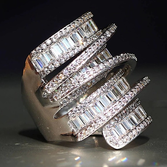 Sterling Silver Baguette Cubic Zircon Multilayer Cross Over Statement Ring - Picture 3 of 10